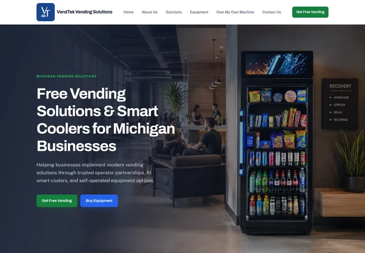 Screenshot of the VendTek Vending Solutions homepage.