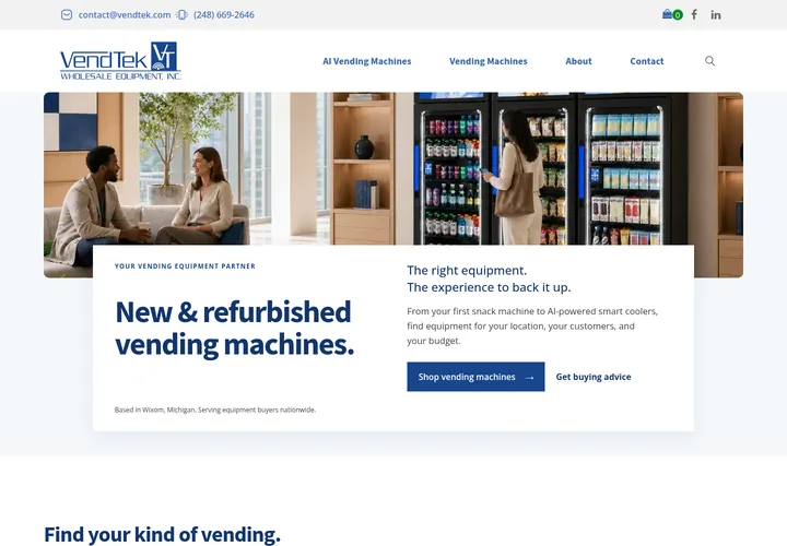 Screenshot of the Vendtek Wholesale Equipment homepage.